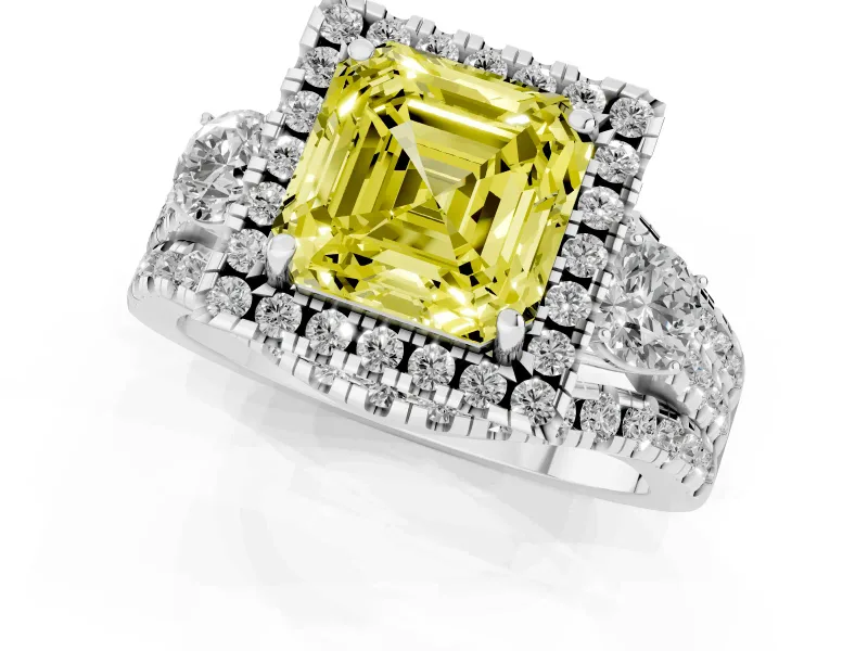 Asscher Cut Halo Split Shank Engagement Ring Setting for a Fancy Yellow Lab-Grown Diamond | Round Side Stones | Platinum