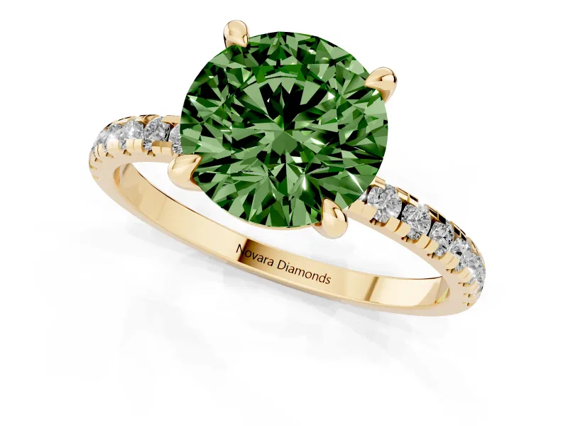 Fancy Green Round Cut Diamond Brilliant Solitaire Ring Set in Yellow gold with Pavé Band and Prong Setting