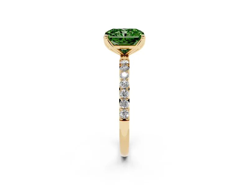 Radiant Cut Pave Solitaire Engagement Ring Setting for a Fancy Green Lab-Grown Diamond | Slim Band | Yellow Gold