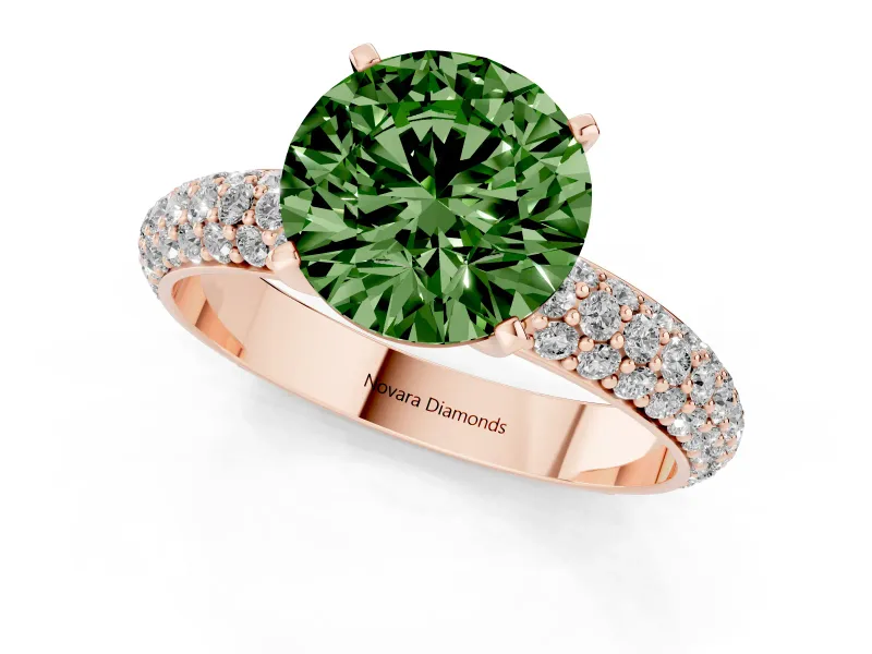 Fancy Green Round Cut Diamond Solitaire Ring Set in Rose gold with Prong Setting and Pavé-Set Band