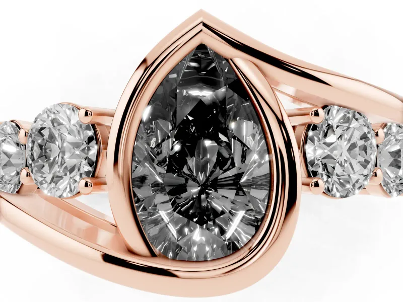 Fancy Black Pear Cut Diamond Bezel Bypass Ring Set in Rose gold with Round Accents