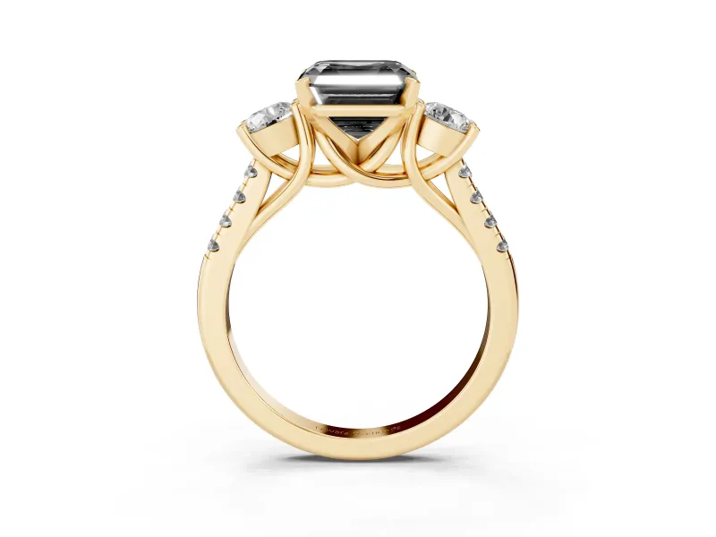 Fancy Black Three-Stone Asscher Cut Diamond Pavé Band Ring Set in Yellow gold with Prong-Set Trio