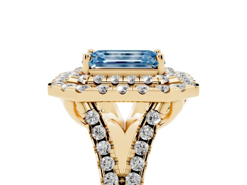 Emerald Cut Halo Split Shank Engagement Ring Setting for a Fancy Blue Lab-Grown Diamond | Pavé Strands | Yellow Gold
