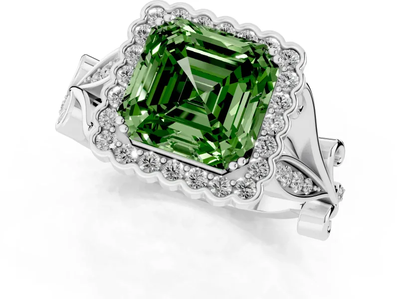 Asscher Cut Leaf Halo Engagement Ring Setting for a Fancy Green Lab-Grown Diamond | White Gold