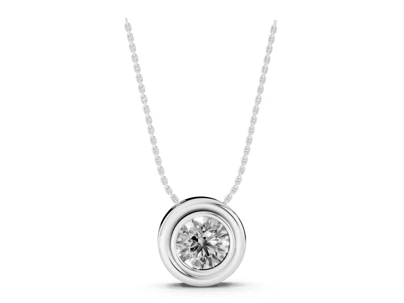 Round Lab-Grown Diamond Wide Bezel Solitaire Pendant Necklace | Stepped Rim | White Gold
