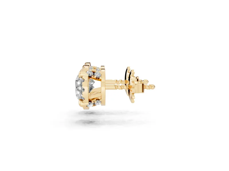 Round Lab-Grown Diamond Pavé Halo Stud Earrings | Accented Head | Yellow Gold