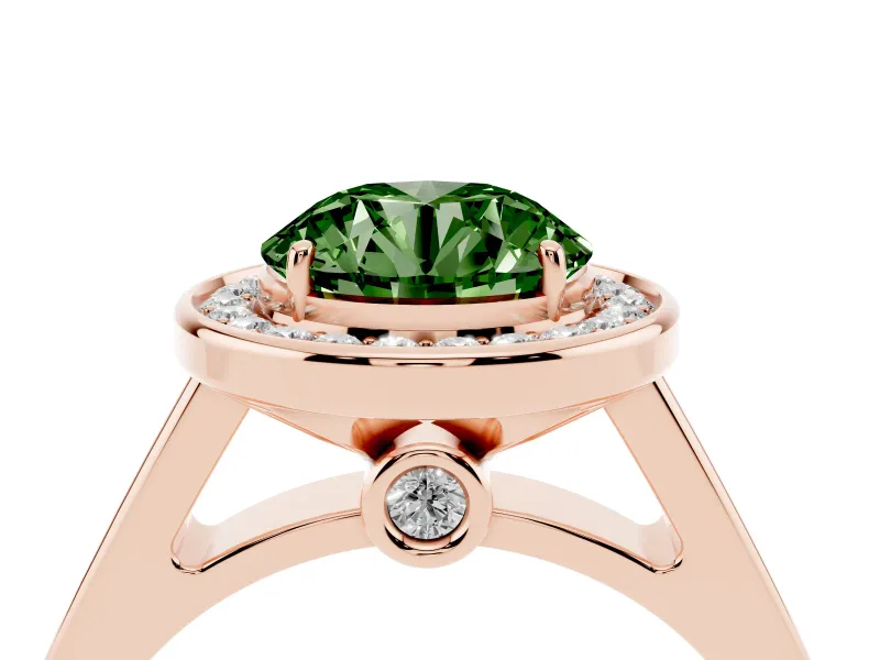 Fancy Green Round Cut Diamond Halo Solitaire Ring Set in Rose gold with Pavé Band and Bezel Setting