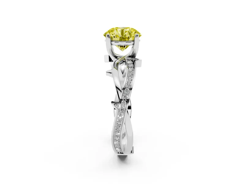 Fancy Yellow Round Cut Diamond Pavé Twist Band Solitaire Ring Set in Silver with Prong Setting