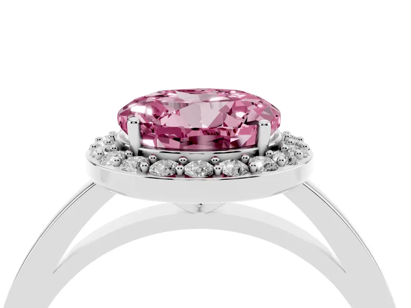 Fancy Pink Round Cut Diamond Halo Ring Set in Silver with Solitaire Band and Prong Setting