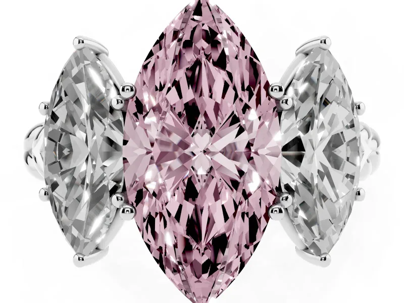 Fancy Pink Marquise Cut Diamond Three-Stone Ring Set in Platinum with Braided Band