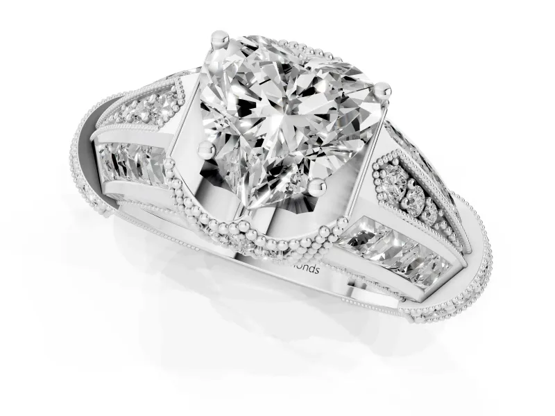 Heart Cut Diamond Vintage-Inspired Milgrain Ring Set in Silver with Accent Split Shank