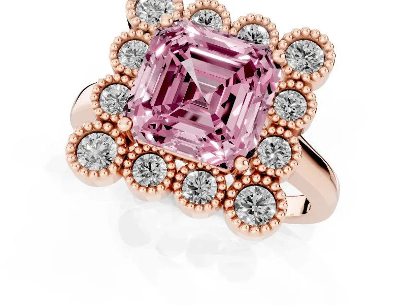 Asscher Cut Milgrain Cluster Halo Engagement Ring Setting for a Fancy Pink Lab-Grown Diamond | Plain Band | Rose Gold