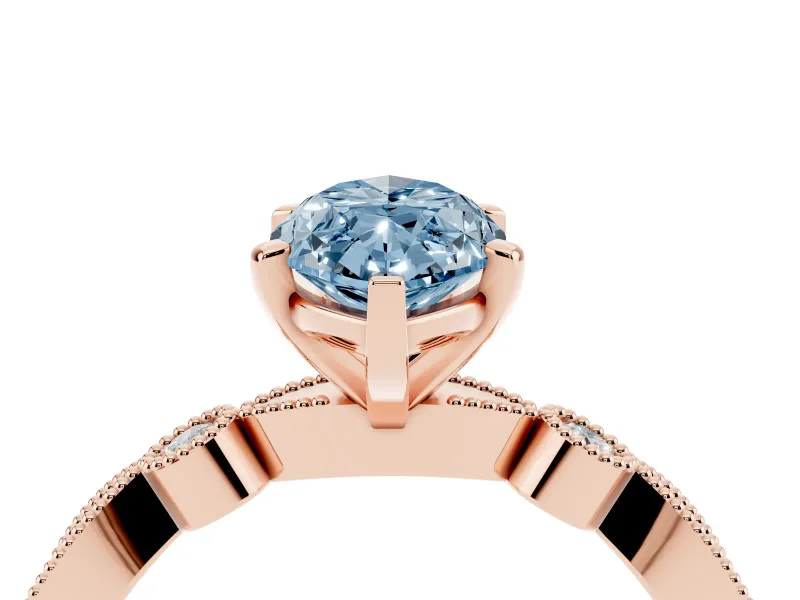 Fancy Blue Marquise Cut Diamond Solitaire Engagement Ring Set in Rose gold with Milgrain Bezel Accent Band