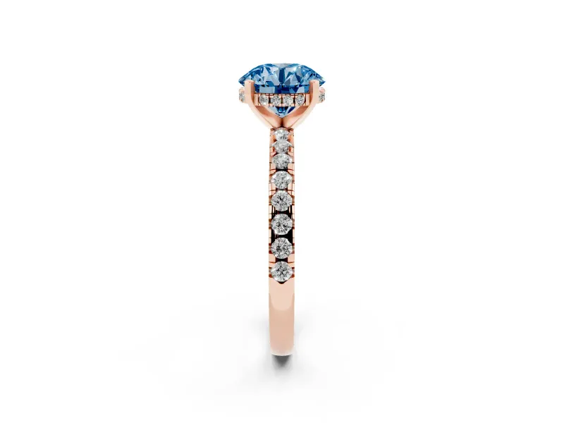 Round Hidden Halo Solitaire Engagement Ring Setting for a Fancy Blue Lab-Grown Diamond | Pave Band | Rose Gold