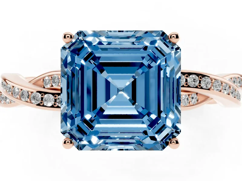 Fancy Blue Asscher Cut Diamond Solitaire Twisted Pavé Ring Set in Rose gold with Prong Setting