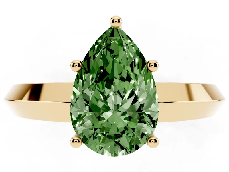 Fancy Green Pear Cut Diamond Solitaire Engagement Ring Set in Yellow gold with Flat Band and Prong Setting