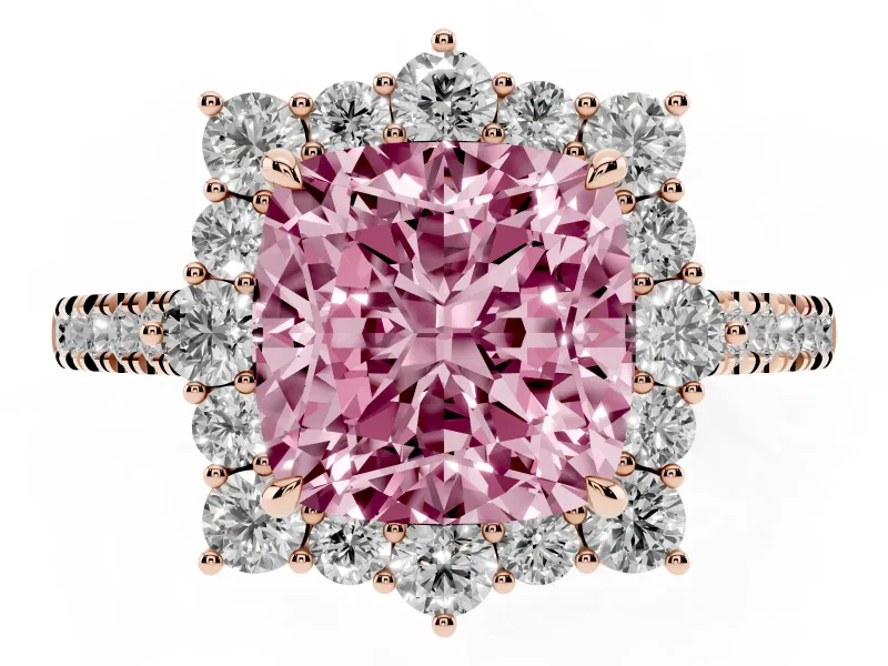 Cushion Cut Scalloped Halo Engagement Ring Setting for a Fancy Pink Lab-Grown Diamond | Single Row Pave | Rose Gold