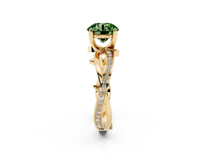 Fancy Green Round Cut Diamond Pavé Twist Band Solitaire Ring Set in Yellow gold with Prong Setting