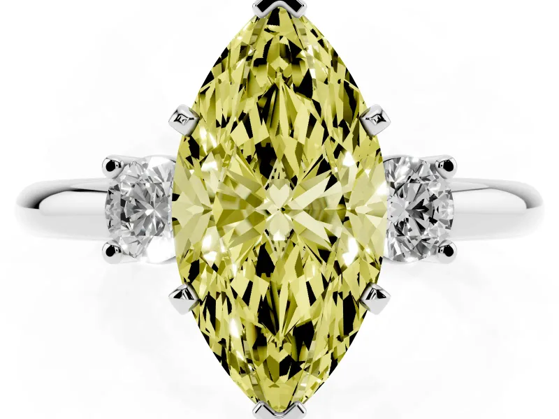 Fancy Yellow Three-Stone Marquise Cut Diamond Ring Set in Silver with Prong Setting and Plain Band
