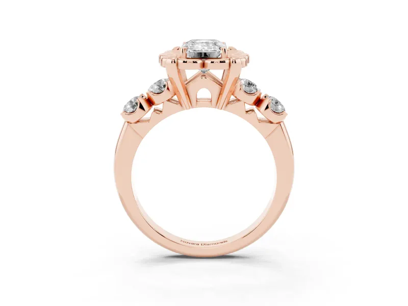 Emerald Cut Floral Engagement Ring Setting | Petal Frame and Side Stones | Rose Gold