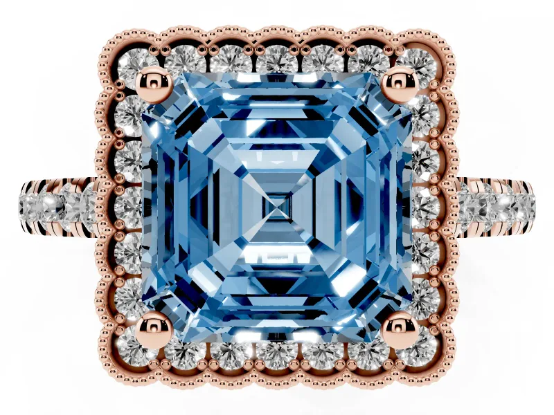 Fancy Blue Asscher Cut Diamond Milgrain Floral Halo Engagement Ring Set in Rose gold with Pavé Band