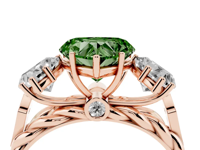 Heart-Shaped Three Stone Engagement Ring Setting for a Fancy Green Lab-Grown Diamond | Braided Band | Rose Gold