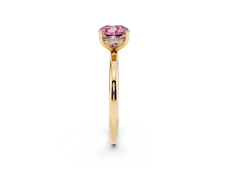 Fancy Pink Cushion Cut Diamond Solitaire Engagement Ring Set in Yellow gold with Prong Setting and Polished Band