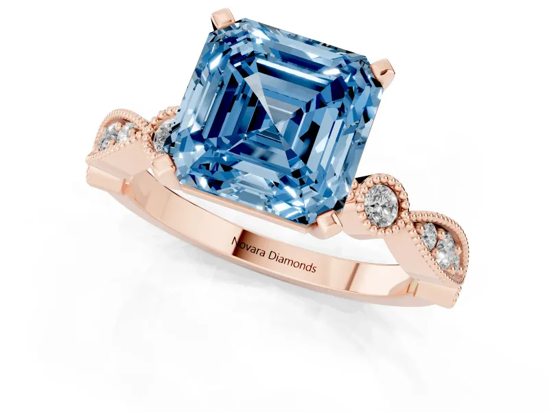 Fancy Blue Asscher Cut Diamond Solitaire Engagement Ring Set in Rose gold with Milgrain Bezel Accent Band