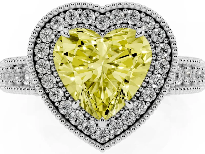 Fancy Yellow Heart Cut Diamond Halo Ring Set in White gold with Round Accent Halo, Pavé Band and Prong Setting