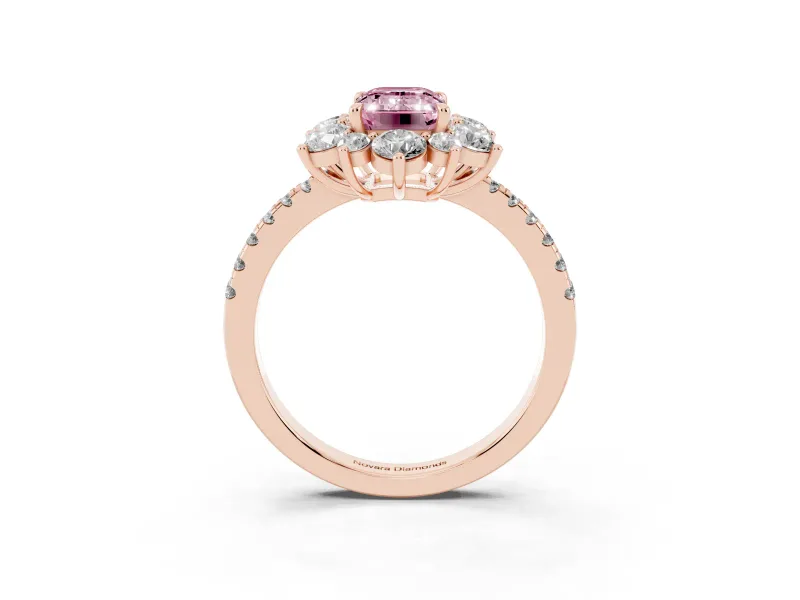 Fancy Pink Emerald Cut Diamond Floral Halo Ring Set in Rose gold with Round Pavé Band and Prong Setting