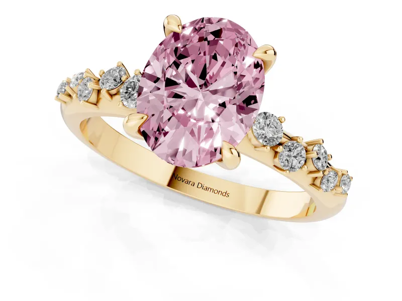 Fancy Pink Oval Cut Diamond Solitaire Vine Band Ring Set in Yellow gold with Round Accents and Prong Setting