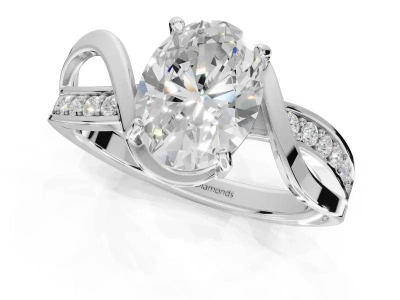 Oval Bypass Solitaire Engagement Ring Setting | Pavé and Plain Strands | White Gold