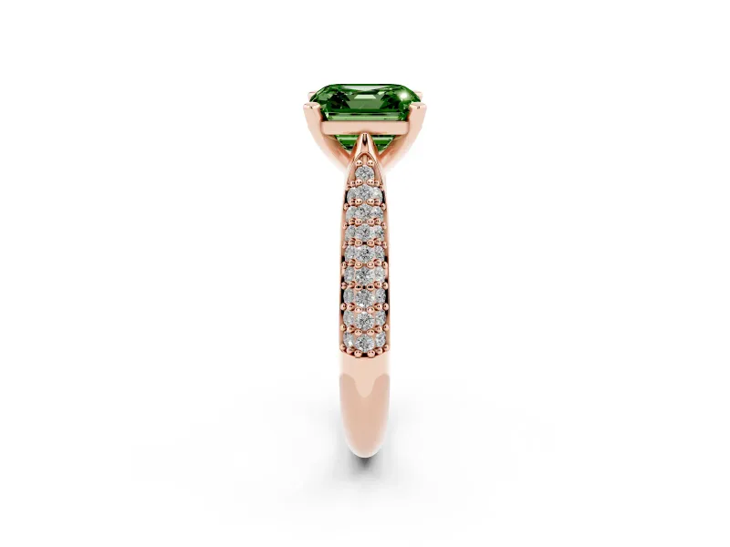 Fancy Green Asscher Cut Diamond Solitaire Engagement Ring Set in Rose gold with Multi-Row Round Pavé Band and Prong Setting