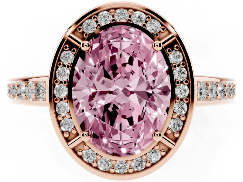 Fancy Pink Oval Cut Diamond Halo Pavé Split Shank Ring Set in Rose gold with Prong Setting