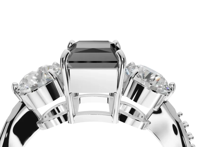 Fancy Black Radiant Cut Lab-Grown Diamond Three-Stone Ring Set in Platinum with Channel-Set Band and Prong Setting