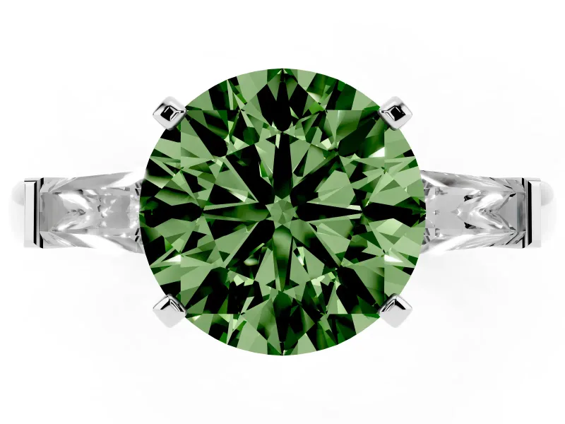 Fancy Green Round Cut Diamond Solitaire Ring Set in Platinum with Tapered Baguette Side Stones and Prong Setting