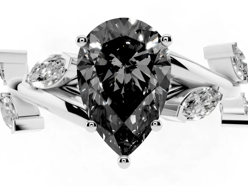 Pear-Shaped Twisted Vine Engagement Ring Setting for a Black Center | Marquise Leaves | White Gold