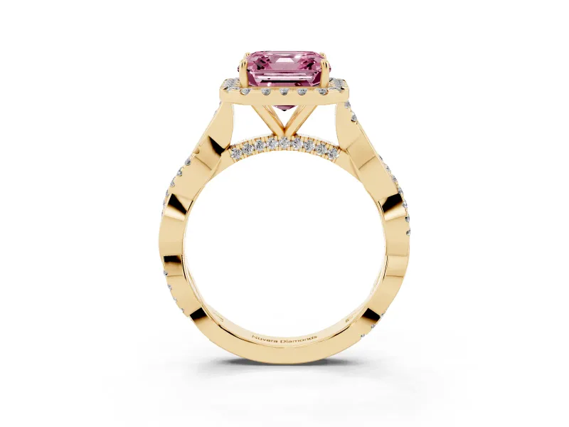 Asscher Cut Twist Halo Engagement Ring Setting for a Fancy Pink Lab-Grown Diamond | Yellow Gold