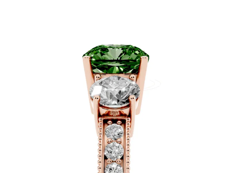 Fancy Green Cushion Cut Diamond Three-Stone Ring Set in Rose gold with Round Side Stones and Pavé Band