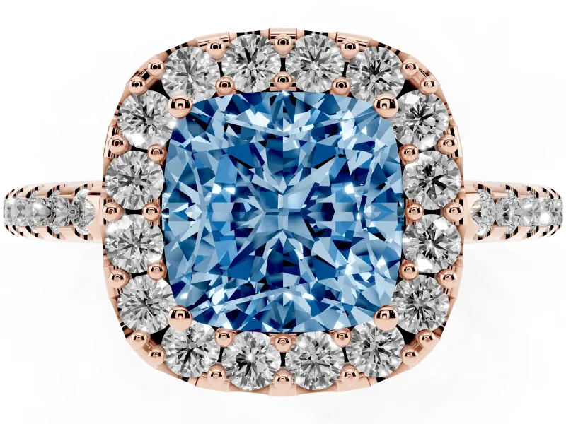 Cushion Cut Pave Halo Engagement Ring Setting for a Fancy Blue Lab-Grown Diamond | Pave Band | Rose Gold