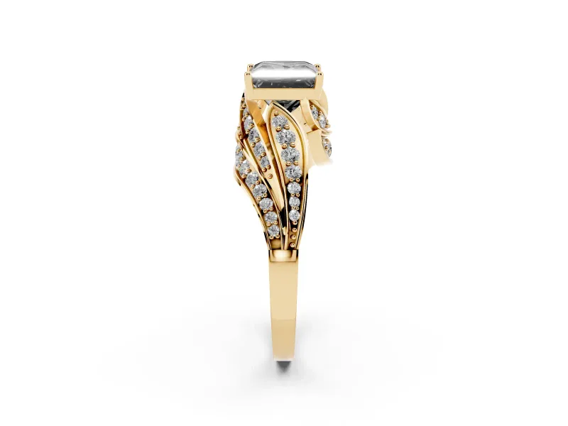 Fancy Black Princess Cut Diamond Solitaire Ring Set in Yellow gold with Layered Twist Pavé Band