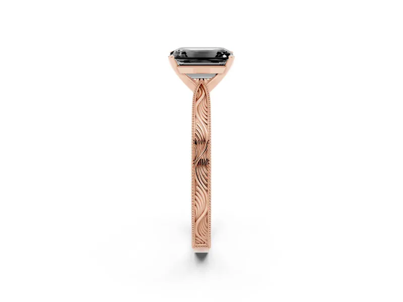 Fancy Black Emerald Cut Diamond Solitaire Milgrain Engraved Band Set in Rose gold with Prong Setting