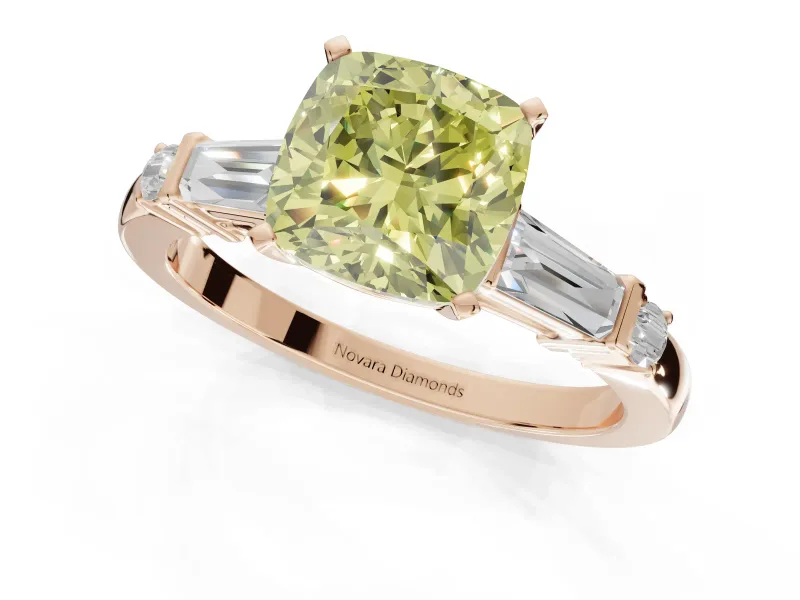 Cushion Cut Tapered Baguette Engagement Ring Setting for a Fancy Yellow Lab-Grown Diamond | Bar Set Sides | Rose Gold