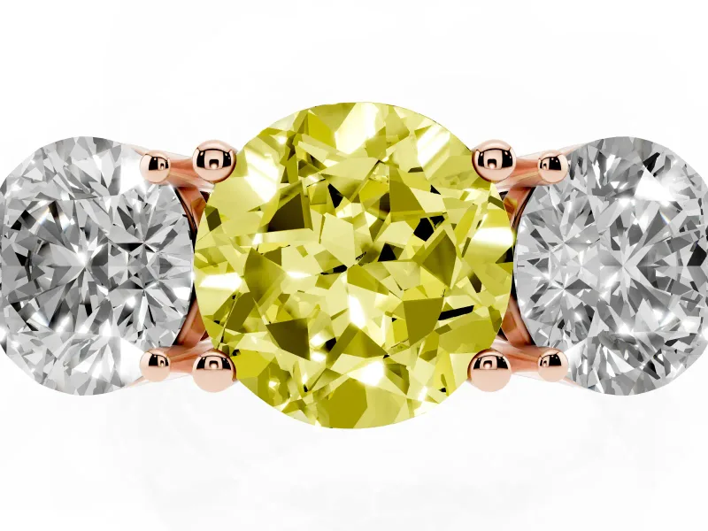 Round Three Stone Engagement Ring Setting for a Fancy Yellow Lab-Grown Diamond | Large Round Side Stones | Rose Gold