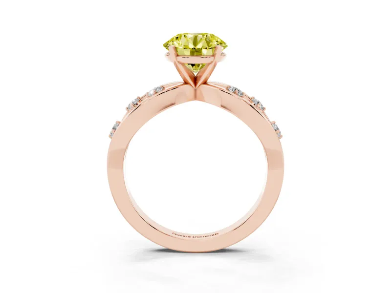 Fancy Yellow Round Cut Diamond Solitaire Ring Set in Rose gold with Side Stones on Criss-Cross Band and Prong Setting