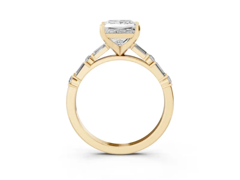 Princess Cut Diamond Solitaire Set in Yellow gold with Side Baguettes and Channel Set Band