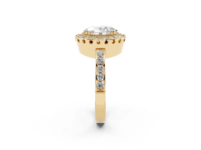 Oval Cut Diamond Halo Ring Set in Yellow gold with Pavé Shank and Prong Setting