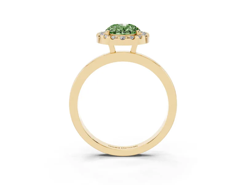 Fancy Green Oval Cut Diamond Halo Solitaire Ring Set in Yellow gold with Pavé Band and Prong Setting