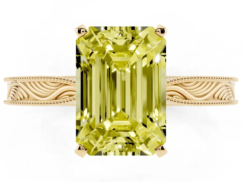 Emerald Cut Engraved Engagement Ring Setting for a Fancy Yellow Lab-Grown Diamond | Yellow Gold
