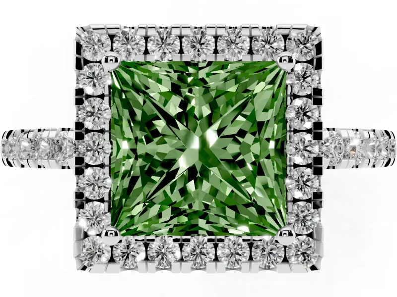 Fancy Green Princess Cut Diamond Pavé Band Halo Engagement Ring Set in Platinum with Prong Setting